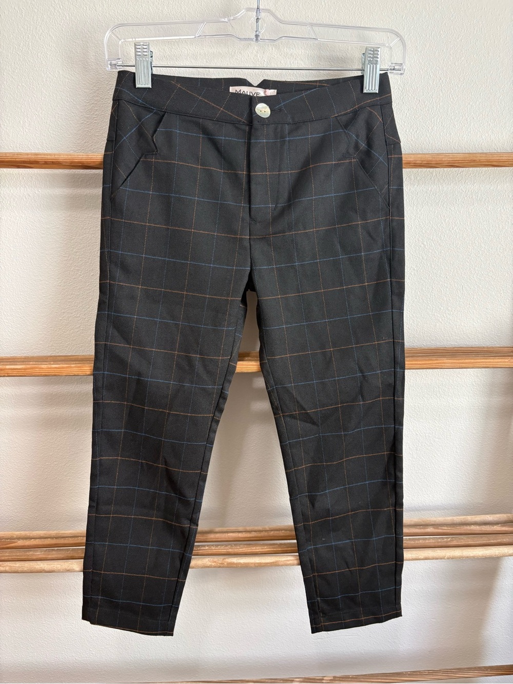 Mauve Black Plaid Boys’ Dress Pants with Blue & Brown Windowpane